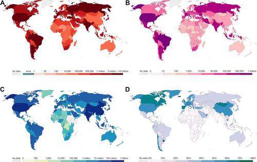 Figure 1 The statistics on the COVID-19 pandemic for every country in the world from Our World in Data. (A) The cumulative confirmed COVID-19 cases in the world. (B) The cumulative confirmed COVID-19 deaths in the world. (C) The number of fully vaccinated individuals against COVID-19 (total number of people who have received all doses based on vaccination protocol). (D) Share of the fully vaccinated population against COVID-19.