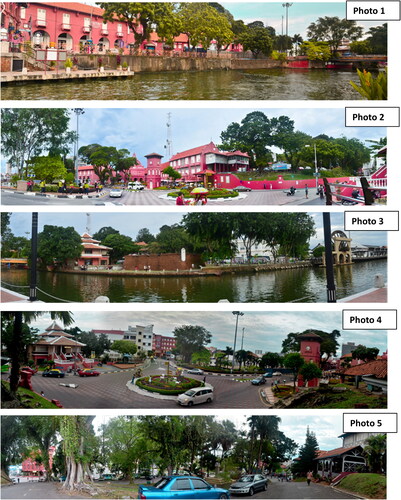 Figure 5. A compilation images of areas in the historical district of Melaka comprised of the Stadhuys buildings (Photos 1, 2, 4, and 5), the Melaka River (Photos 1 and 3) and the remnants of A’ Famosa Fort (Photo 3).