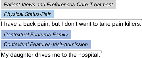 Figure 1 Example of the text annotation. The words with the colored background were tags. Patient Views and Preferences-Care-Treatment and Physical Status-Pain tags were given to the first line, and Contextual Features-Family and Contextual Features-Visit-Admission tags were given to the second line. The author made this figure’s text as an example.