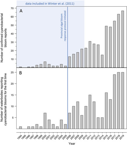 Figure 3. (A) Number of confirmed cyanobacterial blooms reported by the public to the Ontario Ministry of the Environment, Conservation and Parks and (B) number of waterbodies reporting first confirmed cyanobacterial blooms by year between 1994 and 2019. The shaded area represents the period of data that was included in Winter et al. (Citation2011). The vertical line represents the introduction of the provincial response protocol for algal blooms in 2006, which may have altered the number of confirmed cyanobacterial bloom reports, although the magnitude of the effect cannot be ascertained. Annual totals exclude reports from drainage ditches, artificial ponds, semi-enclosed harbors, and non-naturalized reservoirs.