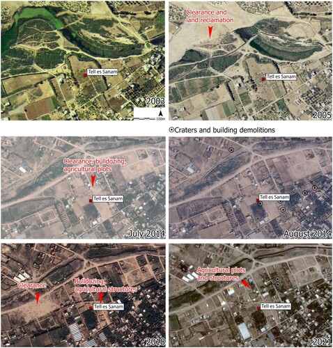 Figure 9. Landscape changes around Tell es-Sanam between 2003 and 2021 (produced on ArcGIS Pro using publicly available imagery from geomolg.ps).