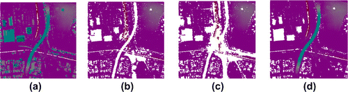 Figure 7. Data-set 5: Raw data-set of downtown area containing bridge. Purple points shows terrains and others represent objects. (a) original raw points. (b), (c), (d) detected ground points of morphological method, Terresolid and MST-based method.