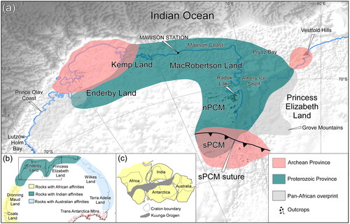 Figure 1. (a) Study area showing various terranes of Enderby Land and Princess Elizabeth Land of East Antarctica along with the outcrop distribution and the interpreted age of the crustal rocks and location of Pan-African overprinting. Abbreviations: sPCM, Southern Prince Charles Mountains; nPCM, Northern Prince Charles Mountains. Existing interpretation of the sPCM suture is also shown (after Mulder et al., Citation2019). (b) Inset map shows the distribution of the major geological terranes of the Antarctica and their affinities with other parts of Gondwana. (c) East Gondwana configuration and Kuunga orogeny, which is the interpreted orogenic belt along which the ancient Indian and East Antarctica terranes were amalgamated.