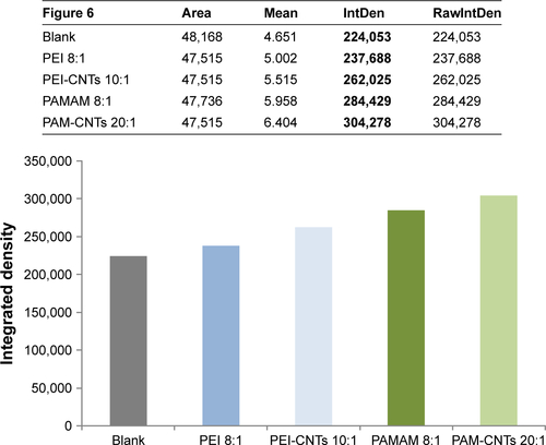 Figure S7 Fluorescence image densitometry of Figure 5 (main text).Note: Absolute values presented in bold.Abbreviations: CNTs, carbon nanotubes; PAMAM, polyamidoamine dendrimer; PEI, polyethyleneimine.