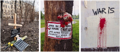 Figure 5 A collage of images of anti-war acts showing the “war horrors in Ukraine” from several Telegram channels (from left to right: a memorial cross for Mariupol with “5,000 innocent deaths”; a notice pleading to stop the killings, saying “While you are reading, children are dying in Ukraine. 240 children have died in Ukraine since the war started”; graffiti stating “War is”).
