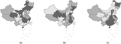 Figure 5. Selected specimen points-in-time MESTF maps for contagion combined with hierarchy effects for the 31-by-19 China space-time data cube; lighter gray denotes relatively small values. Left (a): day 1 (MC = −0.057). Middle (b): day 14 (MC = 0.143). Right (c): day 19 (MC = 0.117)