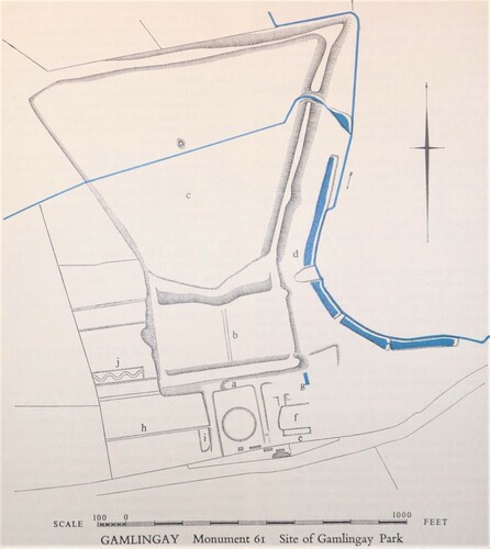 Figure 3 The RCHM plot of house and garden remains of Sir George Downing’s gardens at Gamlingay Park, one of Chris’s earliest garden surveys, published in RCHM West Cambridgeshire (1968), 111. The house (a) extended around three sides of a courtyard with ‘a circular feature’. Northward were terraces (b), and beyond a trapezoidal lake (c). The site was also illustrated with an air photo (Plate 3). (RCHME / Historic England).