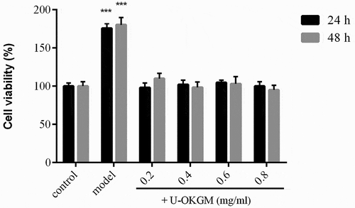 Figure 5. Effect of U-OKGM and LPS on the proliferation of RAW264.7 cells. The endotoxin LPS were selected to stimulate the inflammatory mediator secretions by RAW264.7 macrophages in the present model. Each cell population (2 × 103 cells/ml) was treated with various concentrations of U-OKGM and LPS, respectively. ***p < 0.001, compared with the control group (n = 6).Figura 5. Efecto de U-OKGM y LPS en la proliferación de células RAW264.7. En este modelo, la endotoxina LPS fue seleccionada para estimular las secreciones mediadoras inflamatorias de los macrófagos RAW264.7. Cada población de células (2 × 103 células/ml) fue tratada con varias concentraciones de U-OKGM y LPS, respectivamente. ***p < 0.001, comparada con el grupo de control (n = 6).