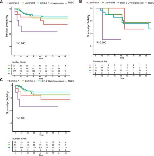 Figure 3 Kaplan-Meier Survival Curves of PD patients in different subgroups of FUSCC. (A) Comparison of DFS according four molecular subtypes: Luminal A, Luminal B, HER-2 Overexpression and TNBC. (B) Disease Free Survival curves of different subgroups before 2010 without anti-HER-2 therapy. (C) Disease Free Survival curves of different subgroups after 2010 with anti-HER-2 therapy. The DFS of (A) was estimated by Log rank test with a P value of 0.045. The DFS of (B) was estimated by Log rank test with a P value of 0.300. The DFS of (C) was estimated by Log rank test with a P value of 0.068.