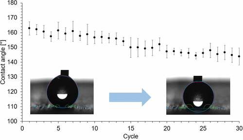 Figure 13. Recyclability experiment for the perpendicular contact angle of the biomimetic surface. a drop of water (4µl) was placed over the material 30 times (cycles).