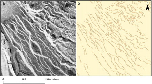 Figure 3. Kame terraces in central and southern region showing distinct arc. (a) Stereoscopic imagery. (b) Mapped features.
