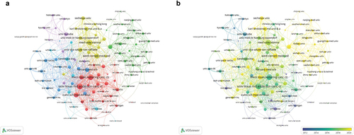Figure 4. Bibliometric analysis of the co-authorship of institutions in the field of BC immunotherapy. (a) Network visualization map of collaborations among institutions in the field of BC immunotherapy. (b) Overlay visualization map of collaborations among institutions in the field of BC immunotherapy.