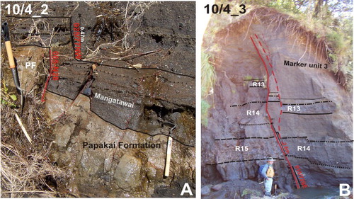 Figure 8. Main outcrops of the Upper Waikato Stream Fault in section 2. A, 10/4_2: Normal fault displacing the Papakai Formation. B, 10/4_3: Exposure of fault displacing deposits including R13 and older lahars.