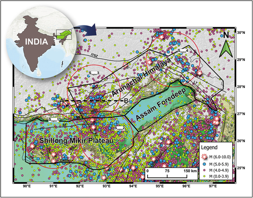 Figure 1. Seismicity map of study area, representing three major regions (solid boundaries) of study; Shillong–Mikir Hills, Arunachal Himalaya and Assam Foredeep, where the probabilistic hazard analysis is made. The major geological structures (faults & folds) are represented by black dotted lines with abbreviations represents as. MBT: Main Boundary Thrust, MCT: Main Central thrust, MFT: Main Frontal Thrust, ITSZ: Indus-Tsangpo Suture Zone, KF: Kopili Fault, DF: Dudhnoi Fault, DAUKI.F: Dauki Fault, BF: Brahmaputra Fault, CMF: Churachandpur Mao Fault, DF: Dapsi Thrust, Du. F, Dudhnoi Fault, OF: Oldham Fault, BS: Barapani Shear Zone, LT: Lohit Thrust, MT, Mishmi Thrust, and WT: Walong Thrust. Circular sub-regions selected within the Shillong–Mikir Plateau (Sregion1, Sregion2) and Arunachal Himalaya (Sregion3 and Sregion4) for temporal distribution analysis of b-value are shown by red circles. The dashed line (black colour) represents the E-W cross-section (AB) drawn in the Arunachal Himalaya region for the micro-seismic clusters’ interaction analysis.