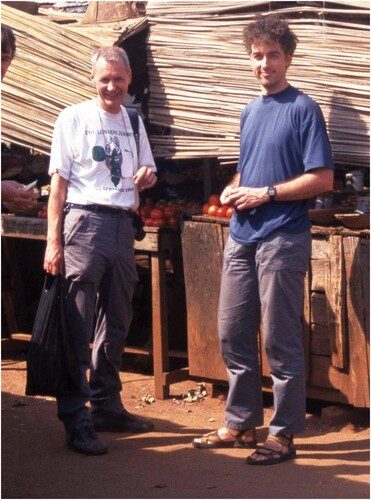 Figure 2. Brian O’Shea (left) with Nick Hodgetts at Masindi market on the British Bryological Society Tropical Bryology Group Expedition to Uganda, 1997. Photograph: Ron Porley.