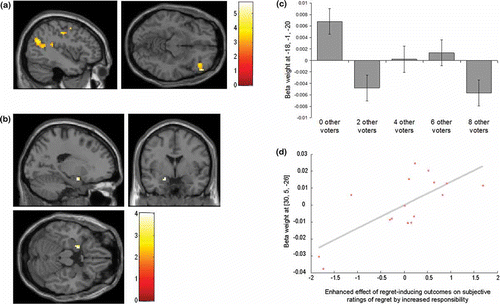 Figure 3. Group SPM data, thresholded at p < .005 for display purposes, shown on a normalized canonical template brain. (a) Activity in angular gyrus (peak at −42, −64, 25) and lateral OFC (peak at 51, 38, −11) associated with the average effect of linearly increasing negative outcome discrepancy. (b) Enhanced activity in amygdala (peak −18, −1, −20) associated with increasingly negatively outcome discrepancy during full responsibility (0 other voters) compared to other congruent choice trials in the presence of other voters. Plotted in (c) are the beta weights showing the same amygdala response to increasingly negative outcome discrepancy under the different numbers of other voters. (d) Right amygdala activity (peak 30, 5, −26) showing greater enhancement of its response (FWE corrected) to more negatively discrepant outcomes by increased responsibility in participants who showed a greater enhancement of subjective regret for increasingly negative outcome discrepancy by increased responsibility (decreased number of voters). Coordinates are in MNI space. Error bars show standard error of the mean.