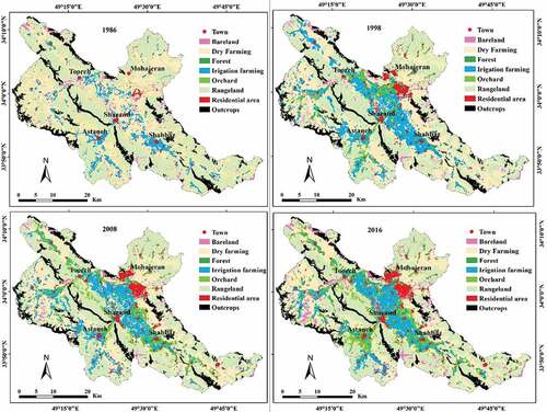 Figure 2. Land-use maps in study years in the Shazand Watershed, Iran.