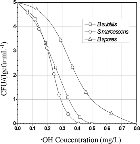 Figure 5. •OH concentration and the survival cell numbers (CFU) of microorganisms.