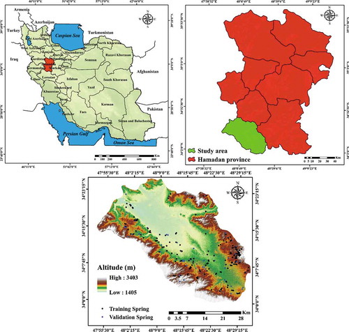 Figure 1. Study area of the Nahavand Plain, Iran, and location of springs