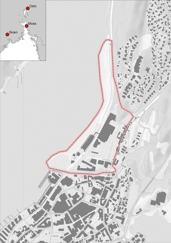 Figure 2. Verket is situated on the northern side and within walking distance to the centre of Moss. The river, with its impressive waterfall, provides the natural southern border, while the fjord, with the former disembarkation harbour, defines the border in the west. The oldest remains of industry stem from Moss’ iron works (1704–1876), and more recent traces stem from a paper and cellulose factory (M. Peterson & Søn, est. 1883). Moss is located 60 kilometres south-east of Oslo, and the municipality has 33,000 inhabitants. Map: Geovekst/Nils Aage Hafsal, Monica Kristiansen, NIKU.