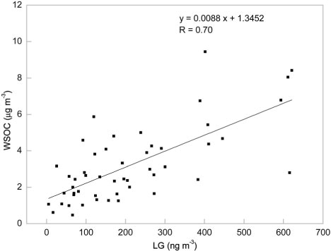 Fig. 4 Correlation between WSOC and levoglucosan concentrations at ZQ.