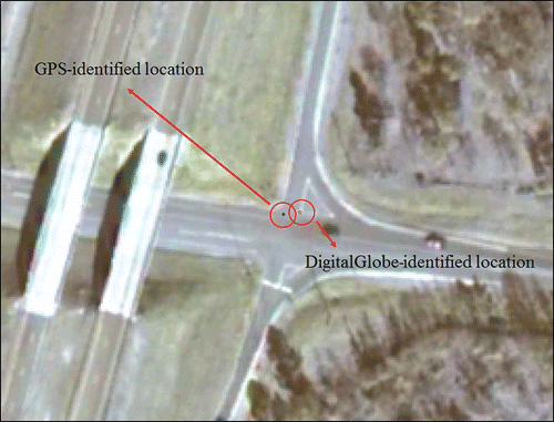 Figure 3. Visual comparison of QuickBird-identified UTM location and GPS-identified UTM location.