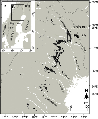 Figure 1. A. Location of map in B and of three interstadial sites mentioned in the text. B. Map showing the distribution of Veiki moraine (in black, from C. Hättestrand Citation1998) and the study area location in the northernmost lobe (the Lainio arc). © EuroGeographics for the administrative boundaries and the CIA World Data Bank II (WDBII) for rivers.