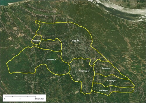 Figure 5. The Lalgola cluster and constituent census units.Source: Authors, based on census data and remote sensing imagery (basemap layer: ESRI ArcGIS/DigitalGlobe, World Imagery, n.d.).