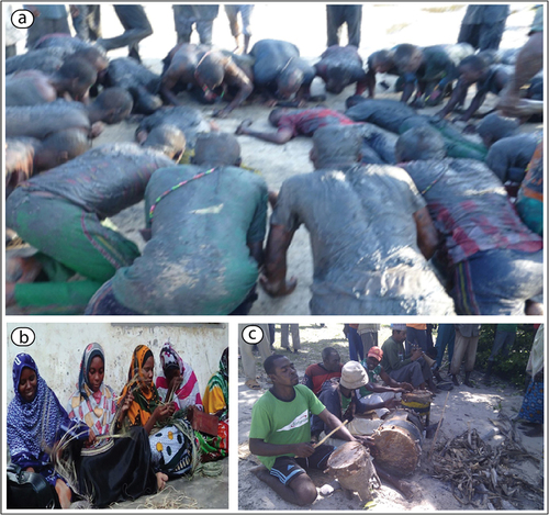 Figure 2. (a) Young men initiated in Pungwa dance; (b) Women participate in weaving practice; (c) Performance of Kumbaya spiritual dance (Picture by Shamoun Ally).