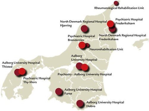 Figure 1 Organization of somatic and psychiatric hospitals in North Denmark Region. Red dots indicate psychiatric hospital units and green dots indicate somatic hospital units.