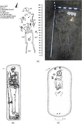 Fig 23 Pavirvytė female graves with a northern head orientation. (A) Ostriv inhumation grave 2, plan and photo of the skeletal remains and gravegoods. (B) Plan of Lejasdopeli burial mound V inhumation grave 1. (C) Pavirvytė Gudai cemetery inhumation grave 135. Image and photograph A by I Zotsenko; Image B from Griciuvienė Citation2007, 59–60, and C from Vaškevičiūtė and Cholodinskienė 2008, fig 32.