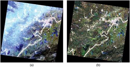 Figure 10. Comparison of recovered results in the sixth real data: (a) full-scene thin cloud-covered image, (b) recovered result from the proposed method.