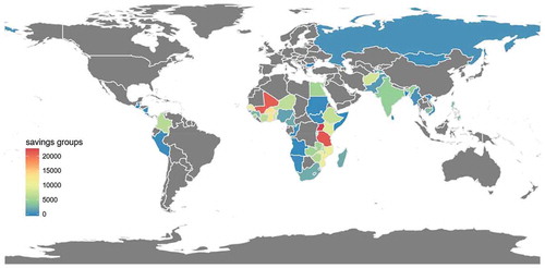 Figure 1. Geographical distribution of grass-root financial groups in the SAVIX database. Half of the groups in the database are located in eight African countries: Uganda (22702 groups), Tanzania (21374 groups), Mali (21021 groups), Burkina Faso (13680 groups), Ghana (12337 groups), Mozambique (10244 groups), Senegal (10148 groups) and Kenya (8906 groups).