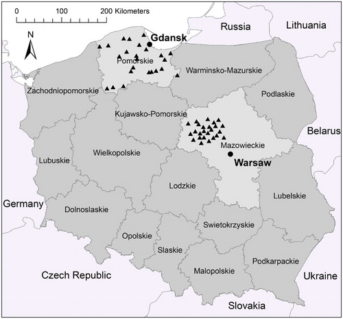 Figure 1. Sites of the 25 farms (filled triangles) studied in each of the two focus areas, Pomerania and north-western Mazovia in Poland.