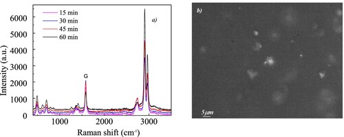Figure 10. (a) µRaman spectra comparison for the investigated GNPs/PDMS nanocomposite foils; b) the optical image of the tested point in the GNPs/PDMS nanocomposite foil cured for 15 min.