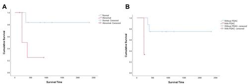 Figure 3 Kaplan–Meier overall survival curves according to (A) CEA (P = 0.049) and (B) elements of ductal adenocarcinoma under microscope (P = 0.011).