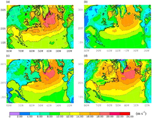 Fig. 2 The mean of 10% strongest 6-hourly 10 m wind speed (m s−1): (a) QSCAT/NCEP, (b) ERA-40, (c) CFSR, and (d) CRCM.