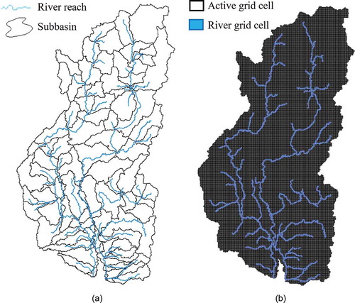 Figure 4. (a) Sub-basins and river reaches of Yom and Nan river basins generated by SWAT, and (b) active grid cells and river grid cells of Yom River and Nan River basins generated by MODFLOW