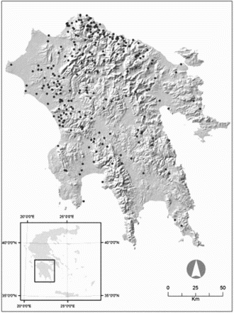 Figure 1. Study area (Peloponnese) with landslide events.