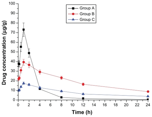 Figure 5 Drug concentration–time curve of the lung (Group A: intragastric ligustrazine; Group B: transdermal ligustrazine ethosome patch; Group C: conventional transdermal ligustrazine patch).