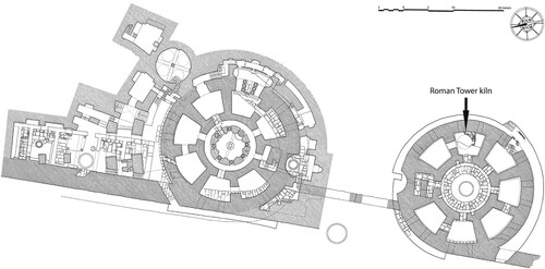 Figure 5. The round Roman riverside towers, with the surviving kiln in an eastern room of the southernmost (N. J. Warner/P. Sheehan).