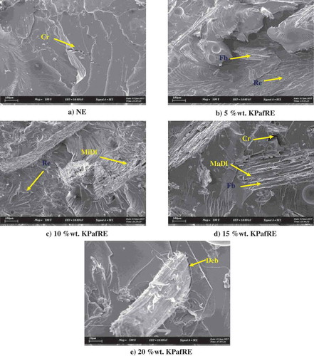 Figure 14. SEM images of KPafRE composites after flexural test.(Remarks: Cr = Crack, MiDI = Minor Delamination, MaDl = Major Delamination, Deb = Debonding, Re = Resinous Region, Fb = Fibrous Region)