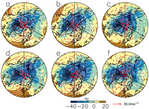 Fig. 2. 5-Day averaged SLP (contours (hPa)), Winds (vectors) north of 40 N and air temperature (a) 1–5 December, (b) 6–10 December, (c) 11–15 December, (d) 16–20 December, (e) 21–25 December, (f) 26–31 December. Latitude circles are at 25-degree intervals, while meridians are drawn at 60 degree intervals. The colour map indicates air temperature (°C)W.