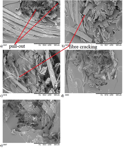 Figure 5. SEM images of investigated composites a) laminate b) 1%NH2 laminate c) 2%NH2 laminate d) 1%Cl laminate e) 2%Cl laminate.