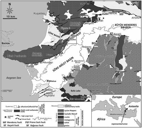 Figure 1. Generalized geological map of the western part of the BMG showing the crystalline basement rocks, Neogene volcano-sedimentary rocks and recent basin floor deposits (modified and simplified after 1/500000 scale geological map Denizli sheet published by Mineral Research and Exploration Directorate of Turkey, Konak & Şenel, Citation2002 and compiled from Okay, Citation2001 and Candan et al., Citation2011). The study area is indicated.