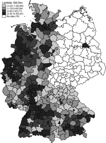 Figure 2. Initial location choice – relative county attractiveness (λj).Note: Cluster method: quantiles.