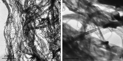 FIG. 5 TEM micrographs of aerosolized (a) FeSW-CNTs and (b) cSW-CNTs illustrating the morphology and presence or absence of residual iron catalyst nanoparticles.