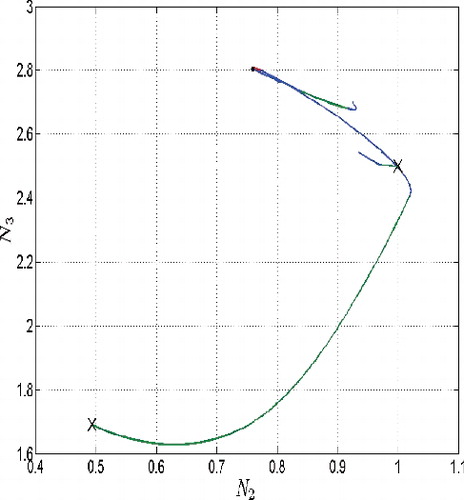 Figure 24.  Phase diagram, slice plane (N 2,N 3), case of budget constraint which does not become active (shorter path going near by the equilibrium), d = 500.