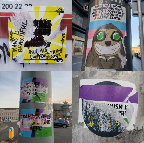 Figure 1. Palimpsests of conflict are created when a sticker is partially or completely removed, covered up, written on, or otherwise altered or obscured, sometimes multiple times (Photos by Hannah Awcock).