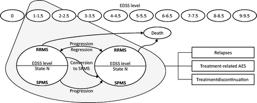 Figure 1. Model structure. AE, adverse event; EDSS, Expanded Disability Status Scale; RRMS, relapsing-remitting multiple sclerosis; SPMS, secondary-progressive multiple sclerosis; State N = current EDSS state. Adapted from Gani et al.Citation19. Ovals represent health states. Rectangles represent events that patients can experience at any time. Treatment-related AEs and treatment discontinuation can only occur for patients receiving treatment.